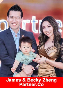James and Becky Zheng with their family after advancing to Chairperson 4 at Partner.Co