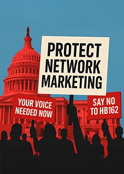 Protesters holding signs in front of the U.S. Capitol that read “Protect Network Marketing” and “Say No to HB162”